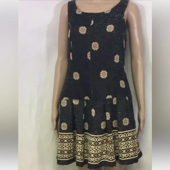 Free People Sleeveless black beige pleated bottom Tapestry dress with pockets 12 - Picture 2 of 8